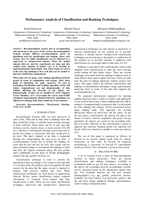 (PDF) Performance analysis of classification and ranking techniques