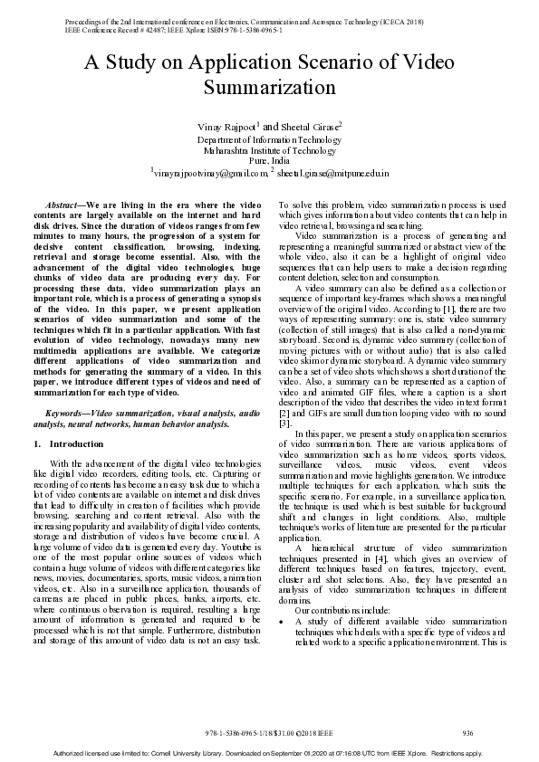(PDF) A Study on Application Scenario of Video Summarization