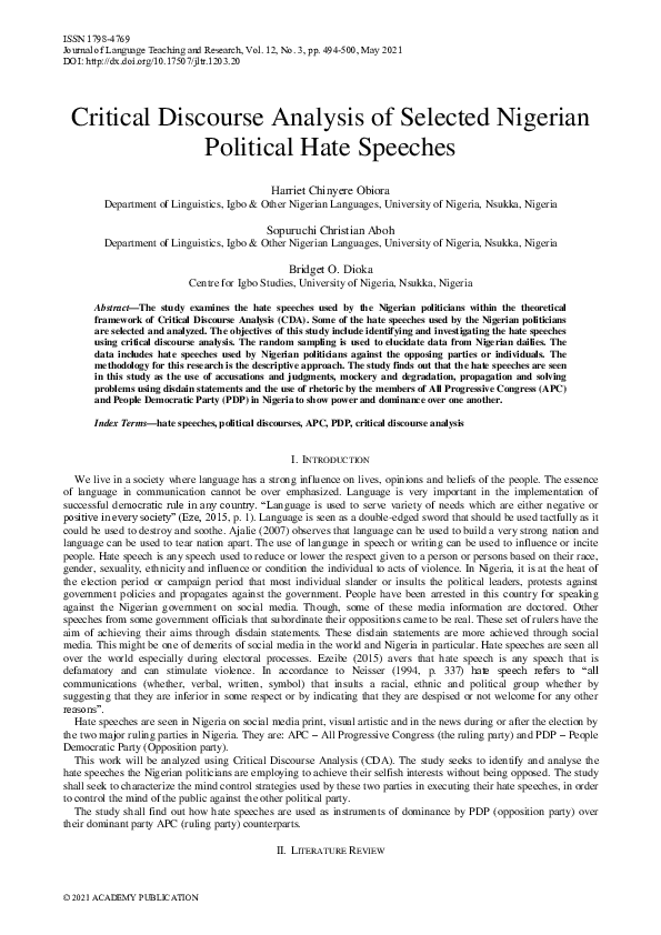 (PDF) Critical Discourse Analysis of Selected Nigerian Political Hate ...