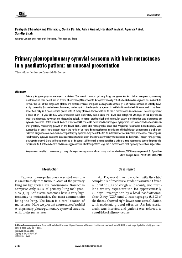 (PDF) Primary Pleuropulmonary Synovial Sarcoma with Brain Metastases in ...