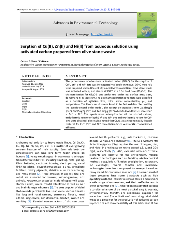 (PDF) Sorption of Cu(II), Zn(II) and Ni(II) from aqueous solution using ...