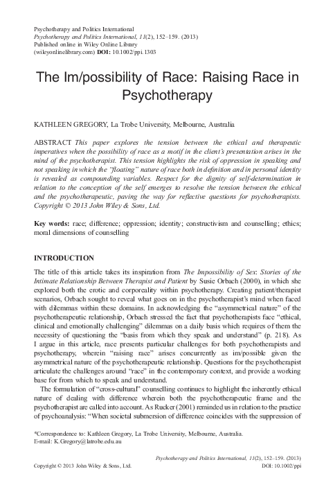 (PDF) The Im/possibility of Race: Raising Race in Psychotherapy