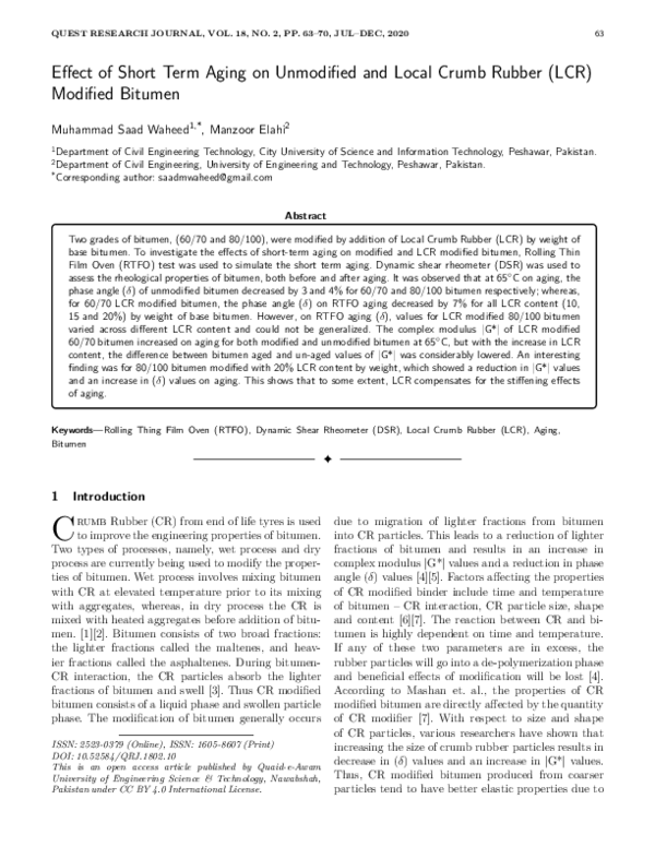 (PDF) Effect of Short Term Aging on Unmodified and Local Crumb Rubber ...