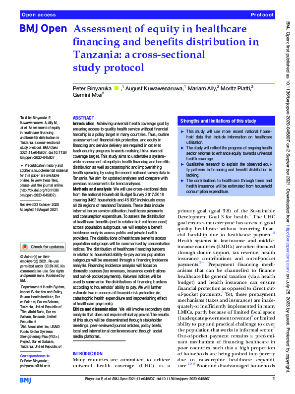 (PDF) Assessment of equity in healthcare financing and benefits ...