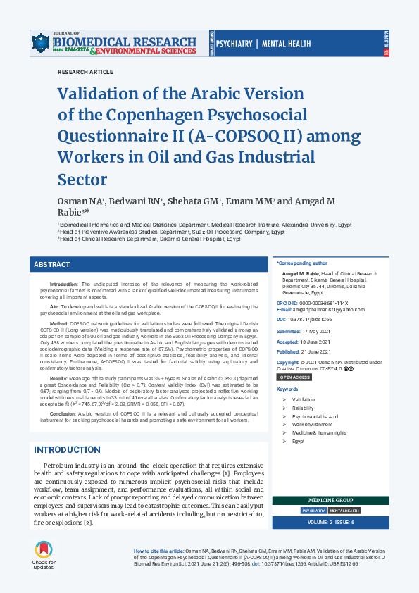 (PDF) Validation of the Arabic Version of the Copenhagen Psychosocial ...
