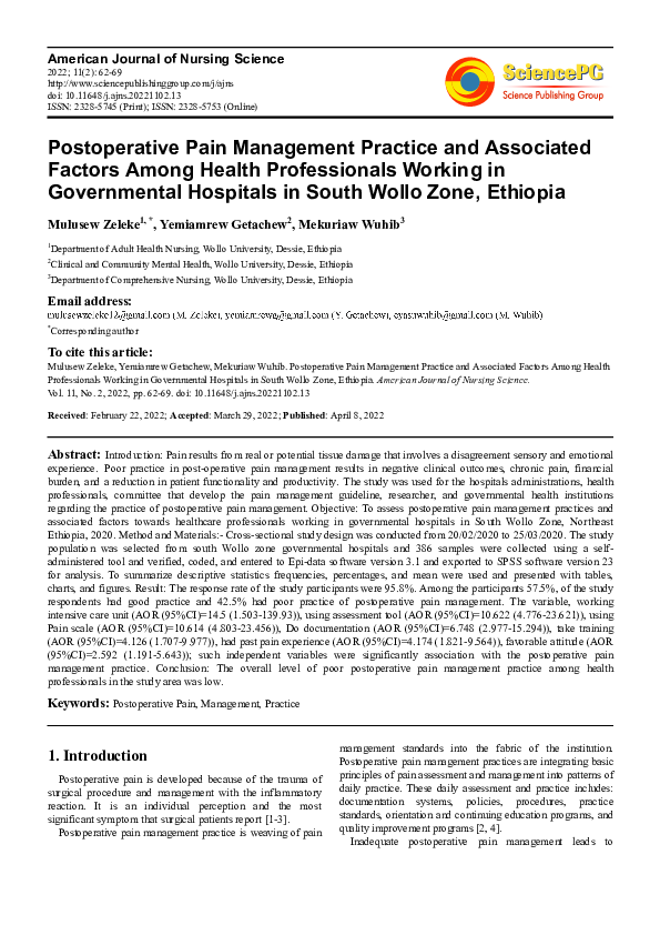 (PDF) Postoperative Pain Management Practice and Associated Factors ...