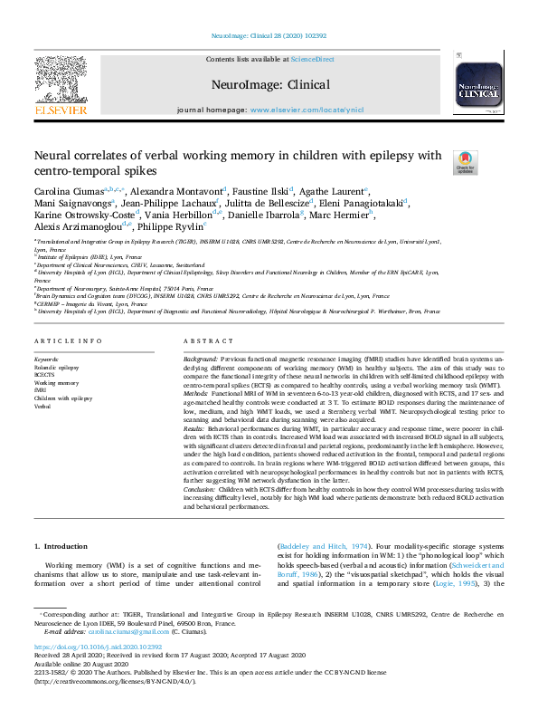 (PDF) Neural correlates of verbal working memory in children with ...