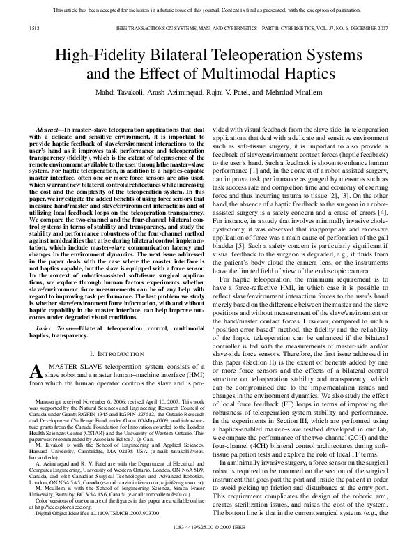 (PDF) High-Fidelity Bilateral Teleoperation Systems and the Effect of ...