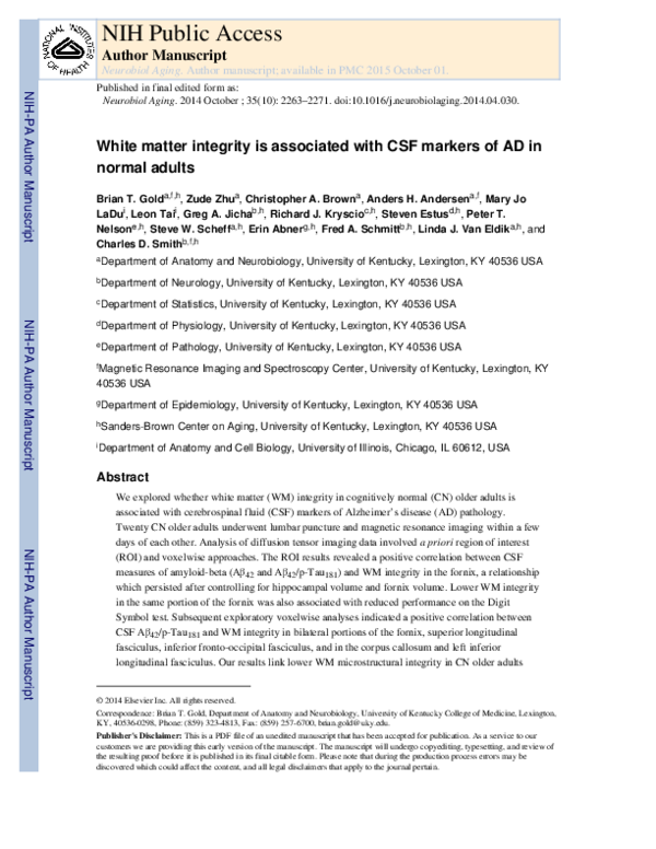 (PDF) White matter integrity is associated with cerebrospinal fluid ...