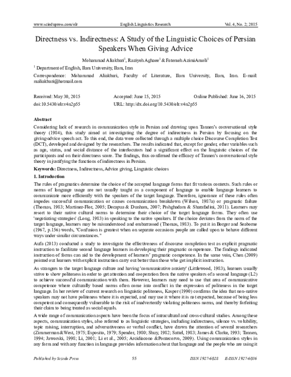 (PDF) Directness vs. Indirectness: A Study of the Linguistic Choices of ...