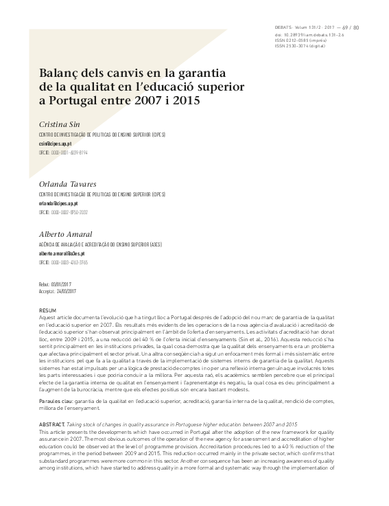 Balanç dels canvis en la garantia de la qualitat en l’educació superior a Portugal entre 2007 i 2015