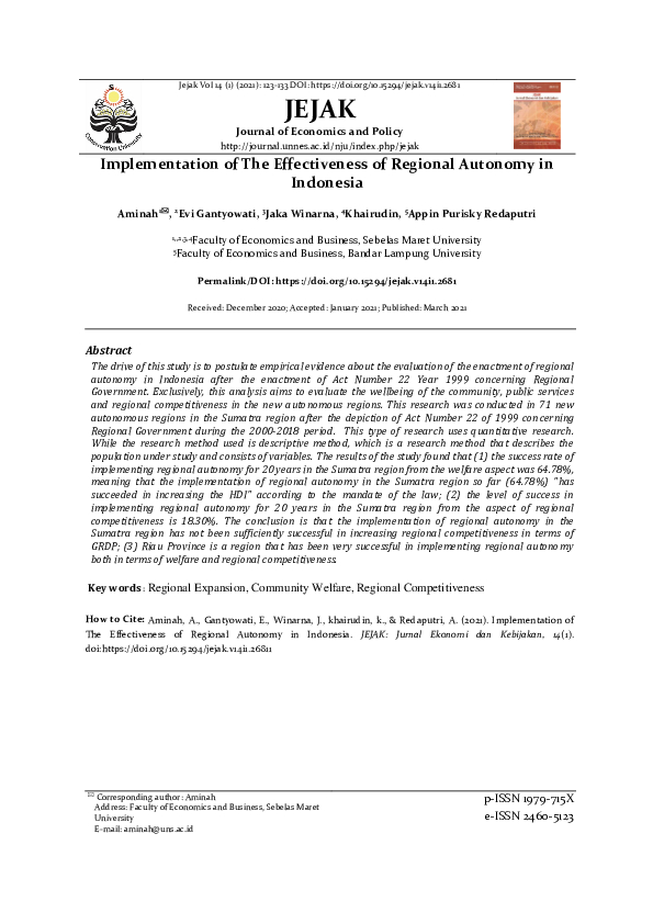 (PDF) Implementation of The Effectiveness of Regional Autonomy in Indonesia