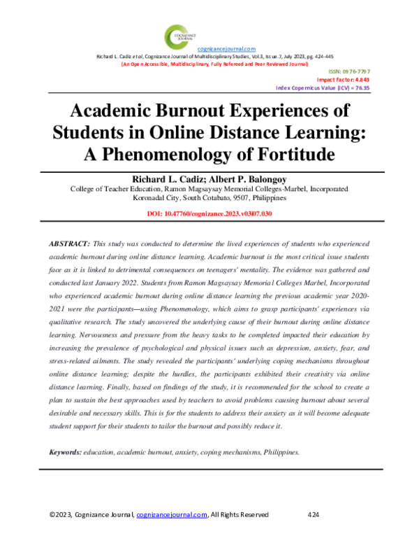 (PDF) Academic Burnout Experiences of Students in Online Distance ...