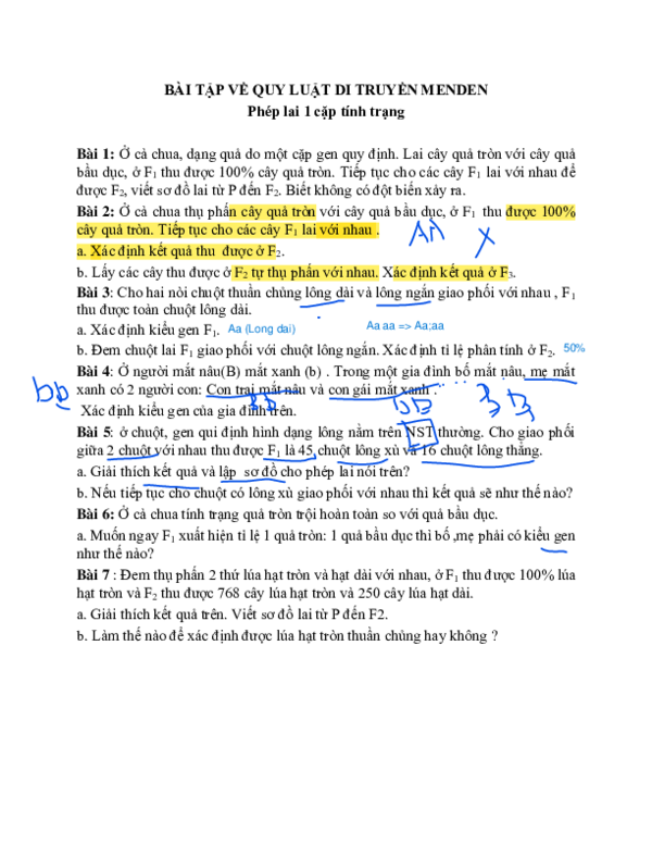(PDF) BÀI TẬP VỀ QUY LUẬT DI TRUYỀN MENDEN Phép lai 1 cặp tính trạng