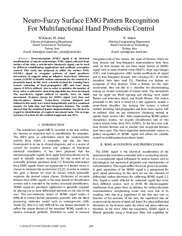 (PDF) Neuro-Fuzzy Surface EMG Pattern Recognition For Multifunctional ...