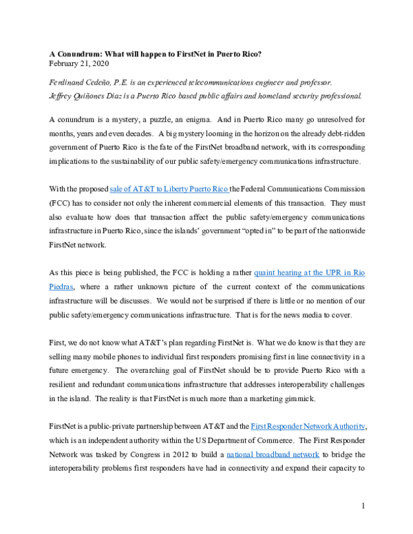 (PDF) A Conundrum: What will happen to FirstNet in Puerto Rico?