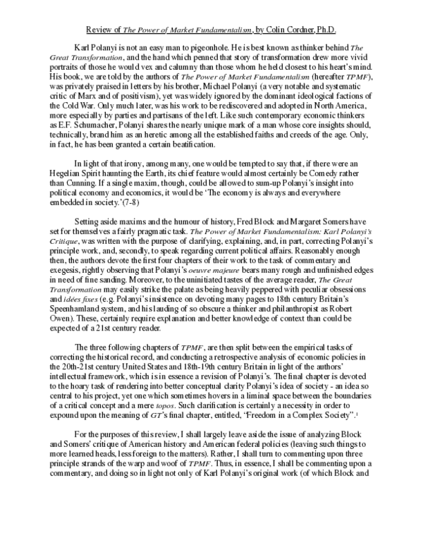 Review of "The Power of Market Fundamentalism" by Fred Block and Margaret R. Somers