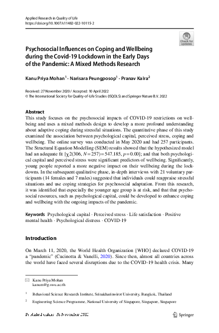 (PDF) Psychosocial Influences on Coping and Wellbeing during the Covid ...
