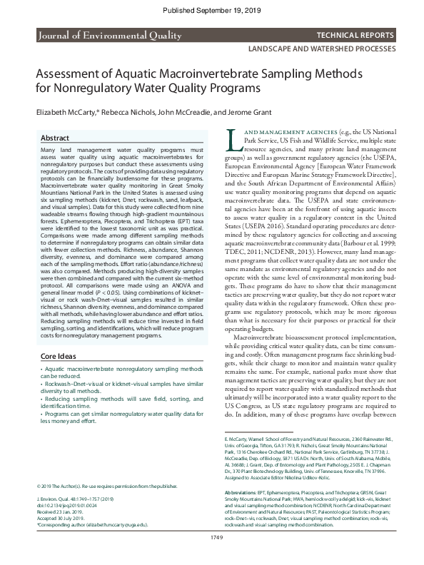 (PDF) Assessment of Aquatic Macroinvertebrate Sampling Methods for ...
