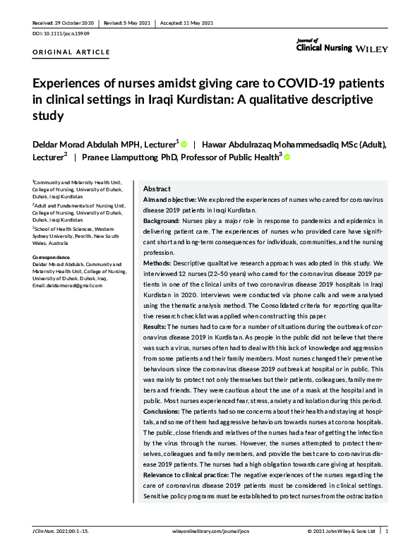 (PDF) Experiences of nurses amidst giving care to COVID‐19 patients in ...