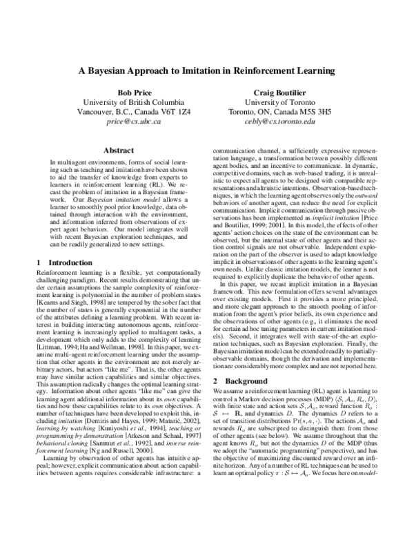 (PDF) A Bayesian approach to imitation in reinforcement learning