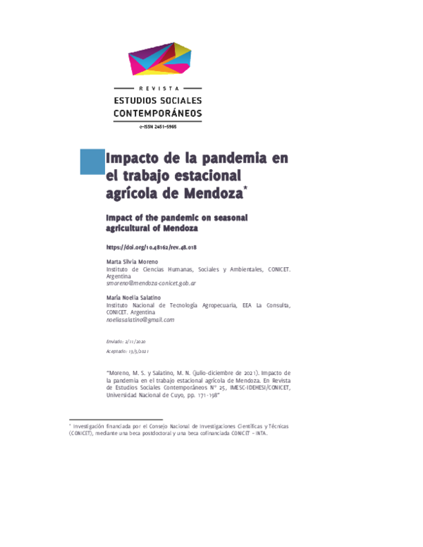 (PDF) Impacto de la pandemia en el trabajo estacional agrícola de Mendoza