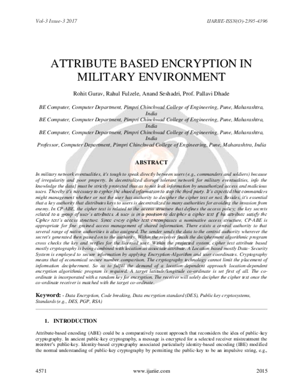 (PDF) Attribute Based Encryption in Military Environment