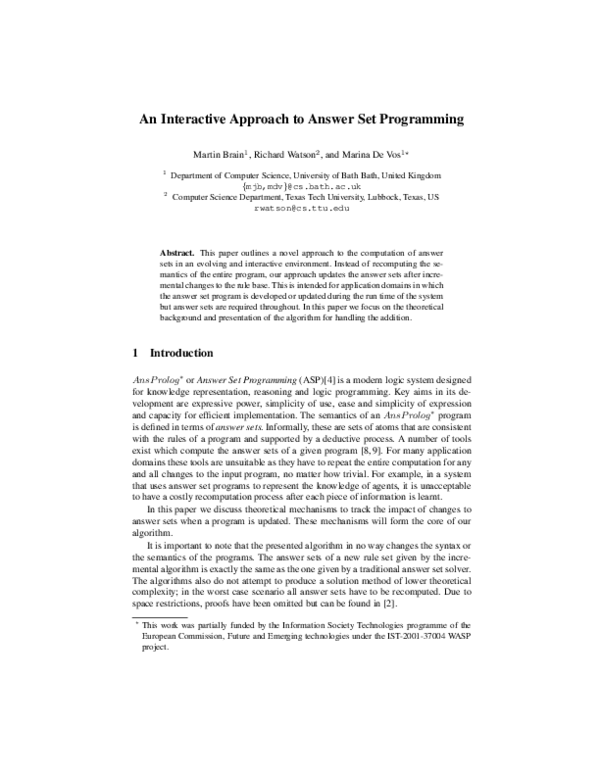 (PDF) An interactive approach to answer set programming