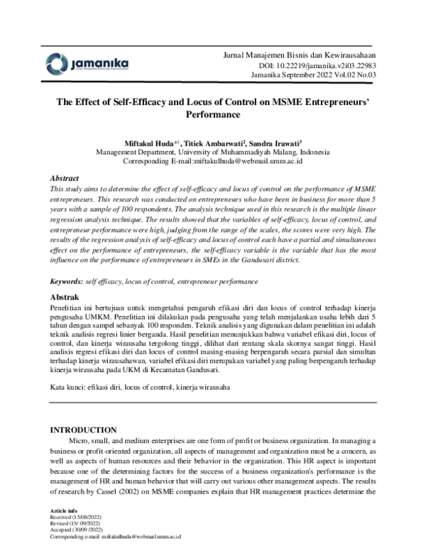 (PDF) The Effect of Self-Efficacy and Locus of Control on MSME ...