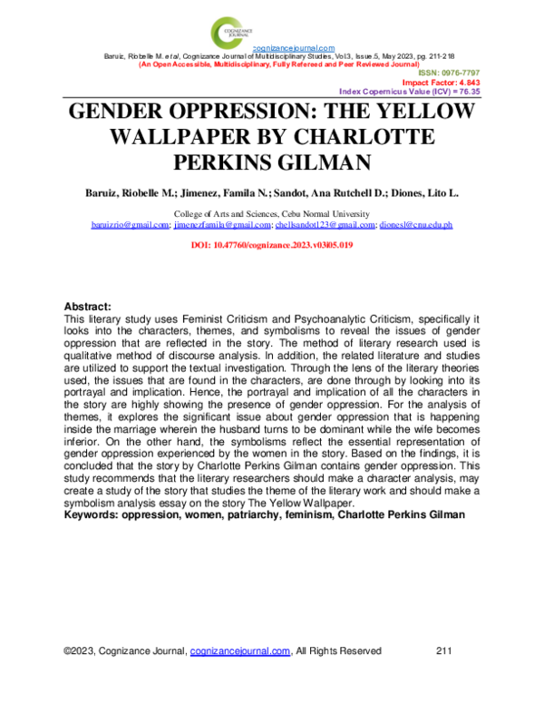 (PDF) Gender Oppression The Yellow Wallpaper by Charlotte Perkins