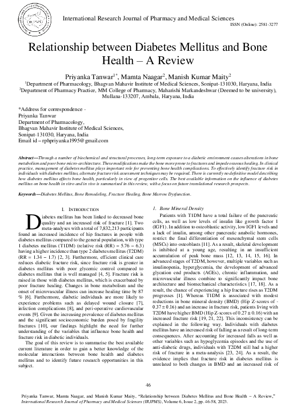 (PDF) Relationship between Diabetes Mellitus and Bone Health – A Review