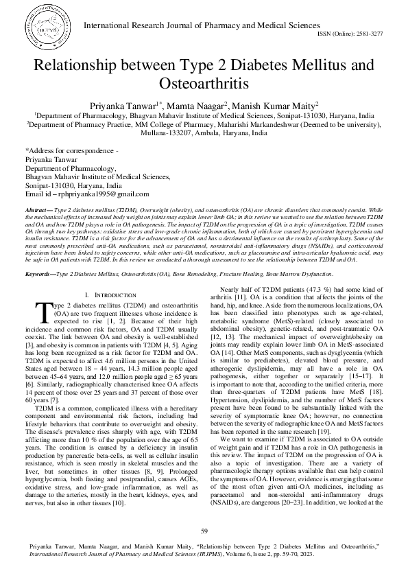 (PDF) Relationship between Type 2 Diabetes Mellitus and Osteoarthritis