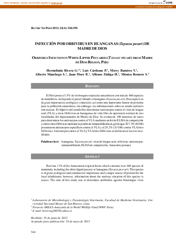 (PDF) Orbivirus Infection in White-Lipped Peccaries (Tayassu Pecari ...