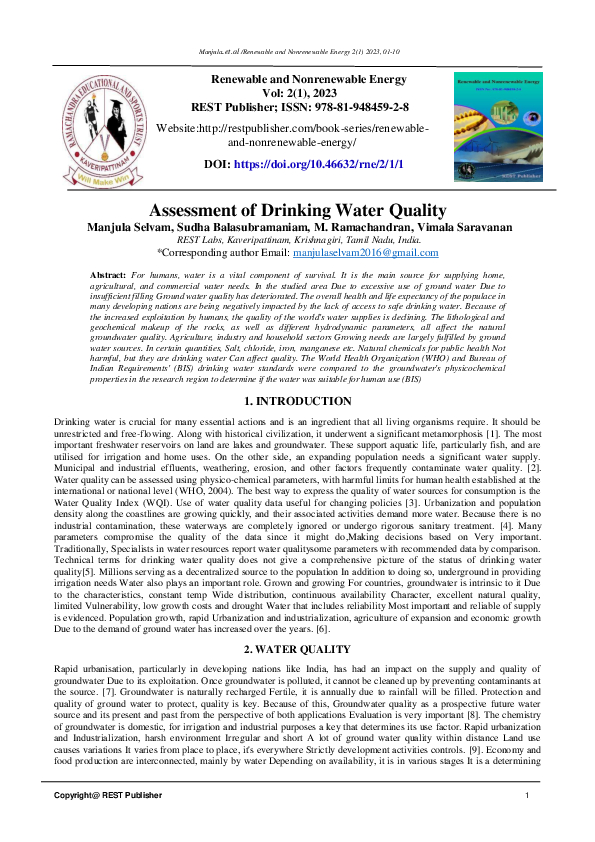 (PDF) Assessment of Drinking Water Quality