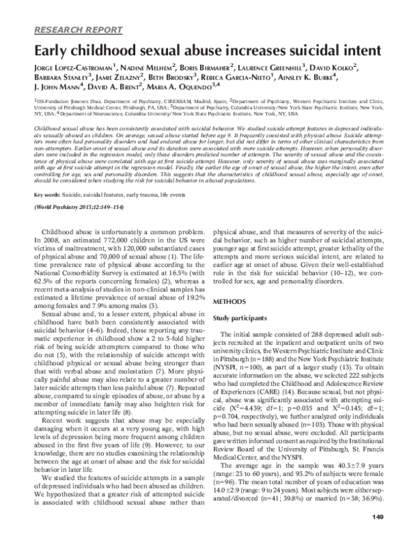 (PDF) Early childhood sexual abuse increases suicidal intent