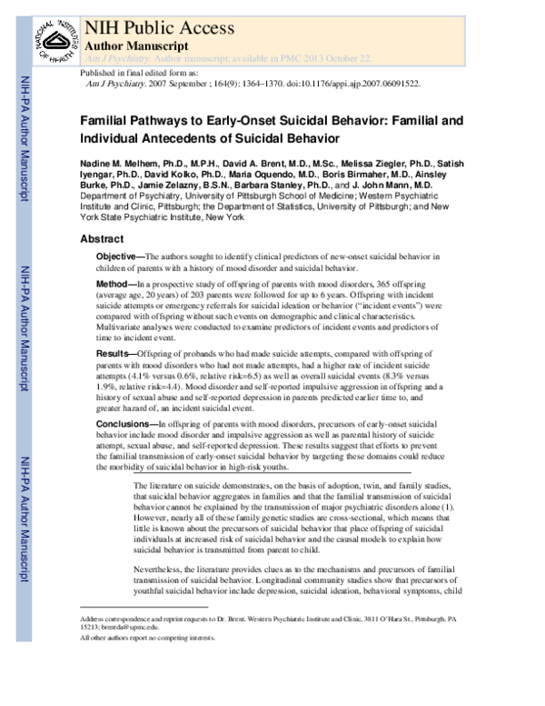 (PDF) Familial Pathways to Early-Onset Suicidal Behavior: Familial and ...