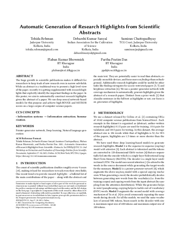 (PDF) Automatic Generation of Research Highlights from Scientific Abstracts