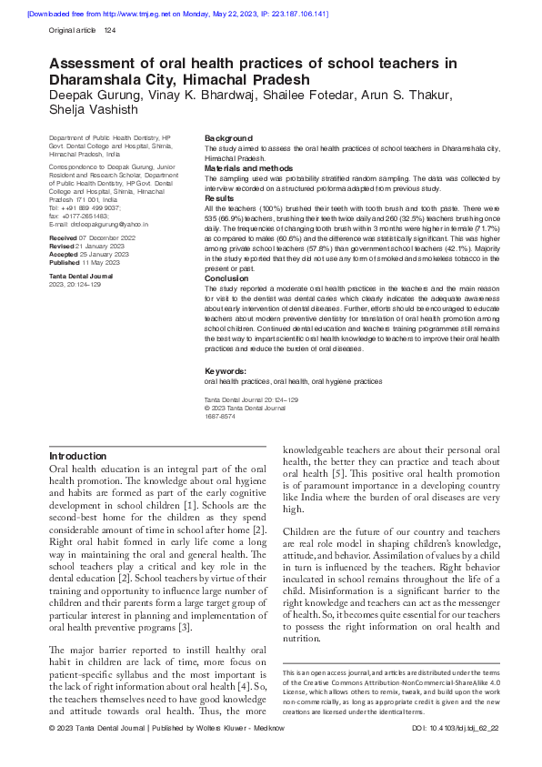 (PDF) Assessment of oral health practices of school teachers in ...