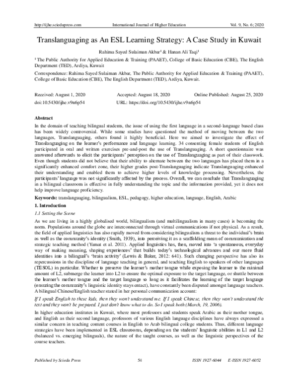 (PDF) Translanguaging as an ESL Learning strategy: A case study in Kuwait