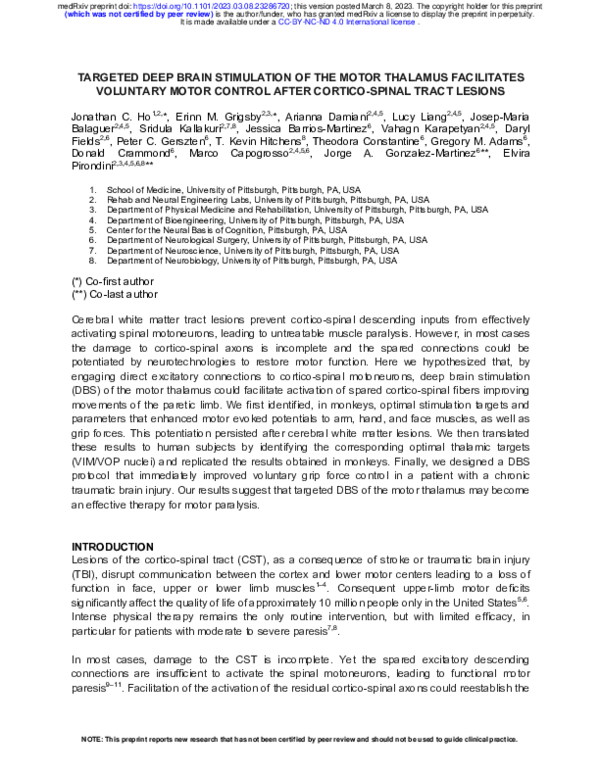 (PDF) Targeted Deep Brain Stimulation of the Motor Thalamus Facilitates ...
