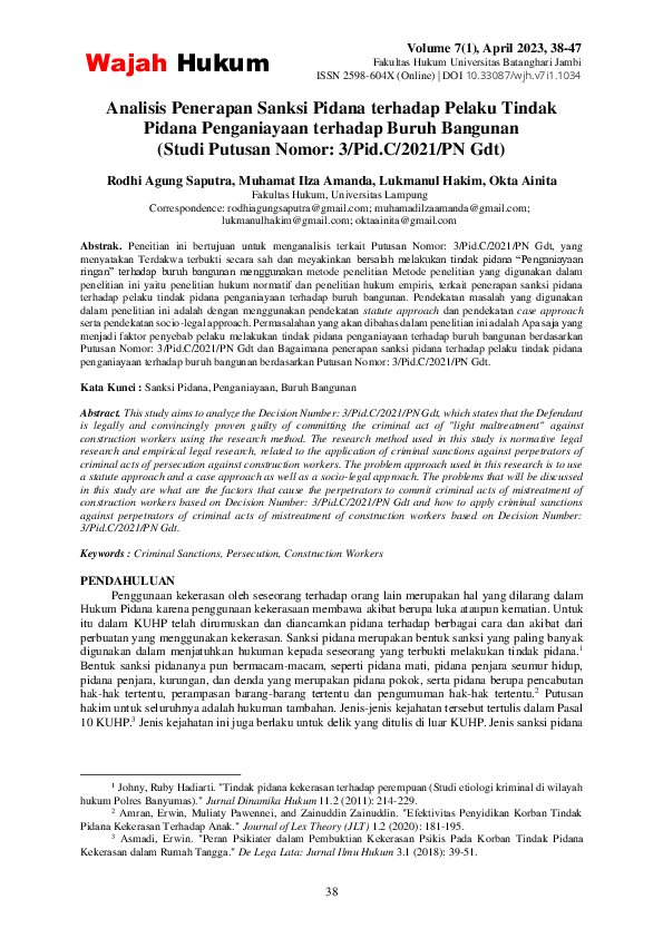 (PDF) Analisis Penerapan Sanksi Pidana terhadap Pelaku Tindak Pidana ...