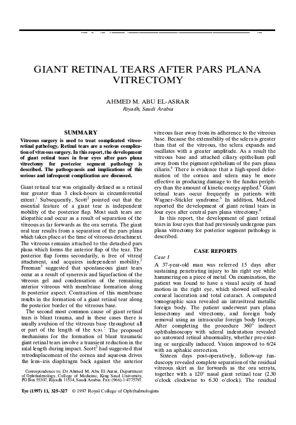 (PDF) Giant retinal tears after pars plana vitrectomy