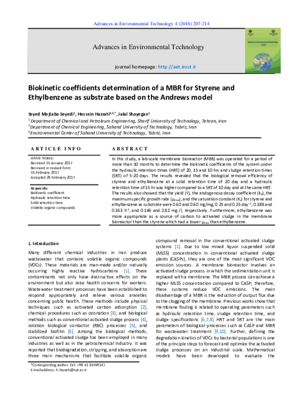 (PDF) Biokinetic coefficients determination of a MBR for Styrene and ...