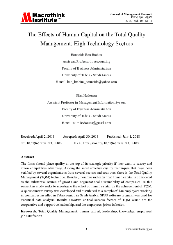 (PDF) The Effects of Human Capital on the Total Quality Management ...