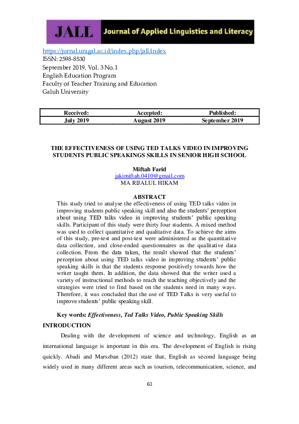 (PDF) The Effectiveness of Using Ted Talks Video in Improving Students ...