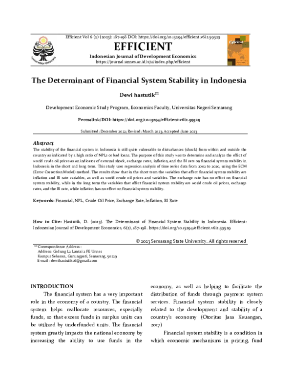 (PDF) The Determinant of Financial System Stability in Indonesia