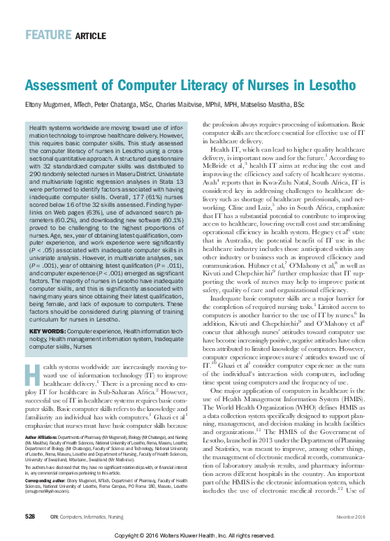 (PDF) Assessment of Computer Literacy of Nurses in Lesotho