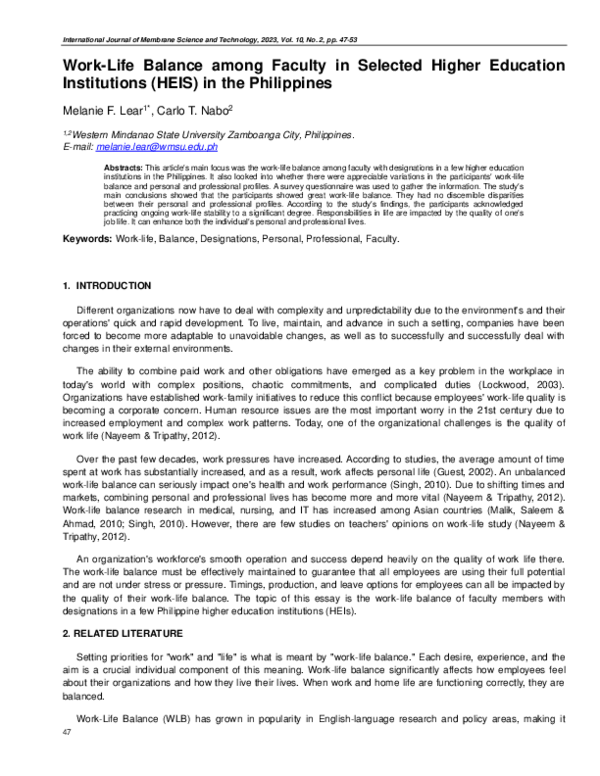 (PDF) Work-Life Balance among Faculty in Selected Higher Education ...