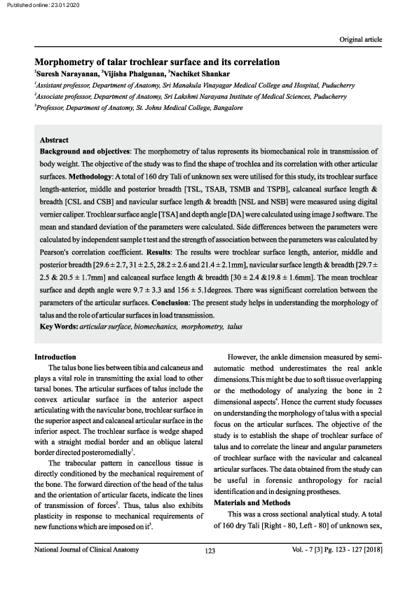 (PDF) Morphometry of talar trochlear surface and its correlation