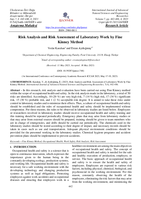 (PDF) Risk Analysis and Risk Assessment of Laboratory Work by Fine